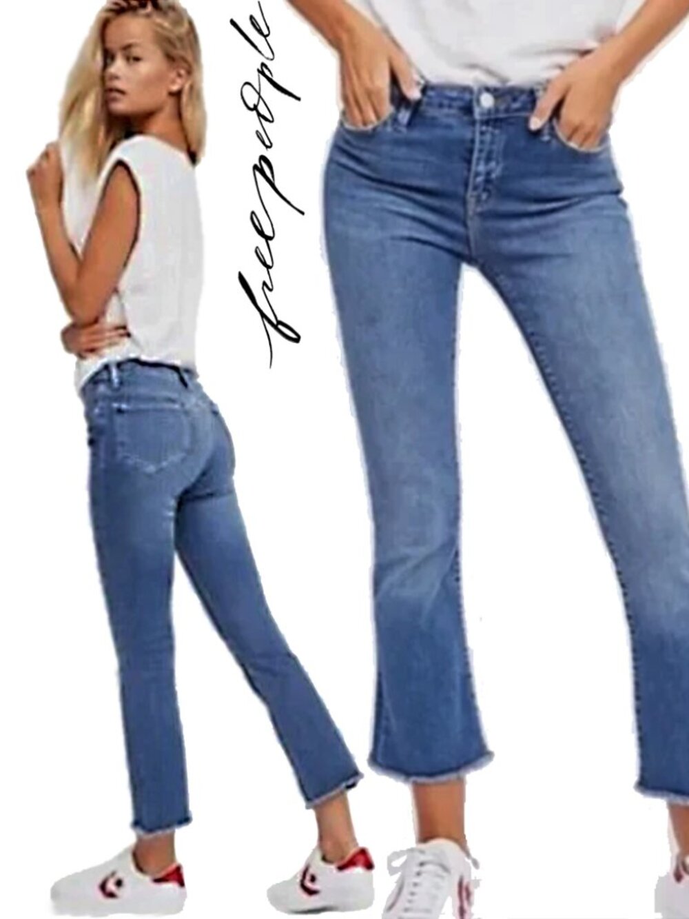 Free People Fringe Crop Flare High Rise Blue Denim Stretch  W 28 x L26